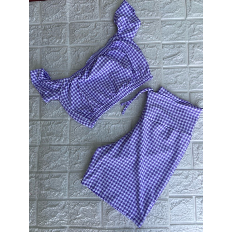 Conjunto xadrez lilás junino Top , Short Avulso poliamida fitness ( Peças vendidas separadamente)