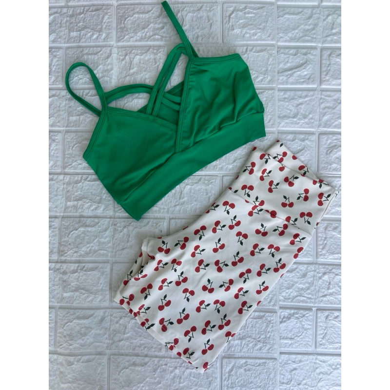 Conjunto cerejinha com verde Top , Short Avulso poliamida fitness ( Peças vendidas separadamente)