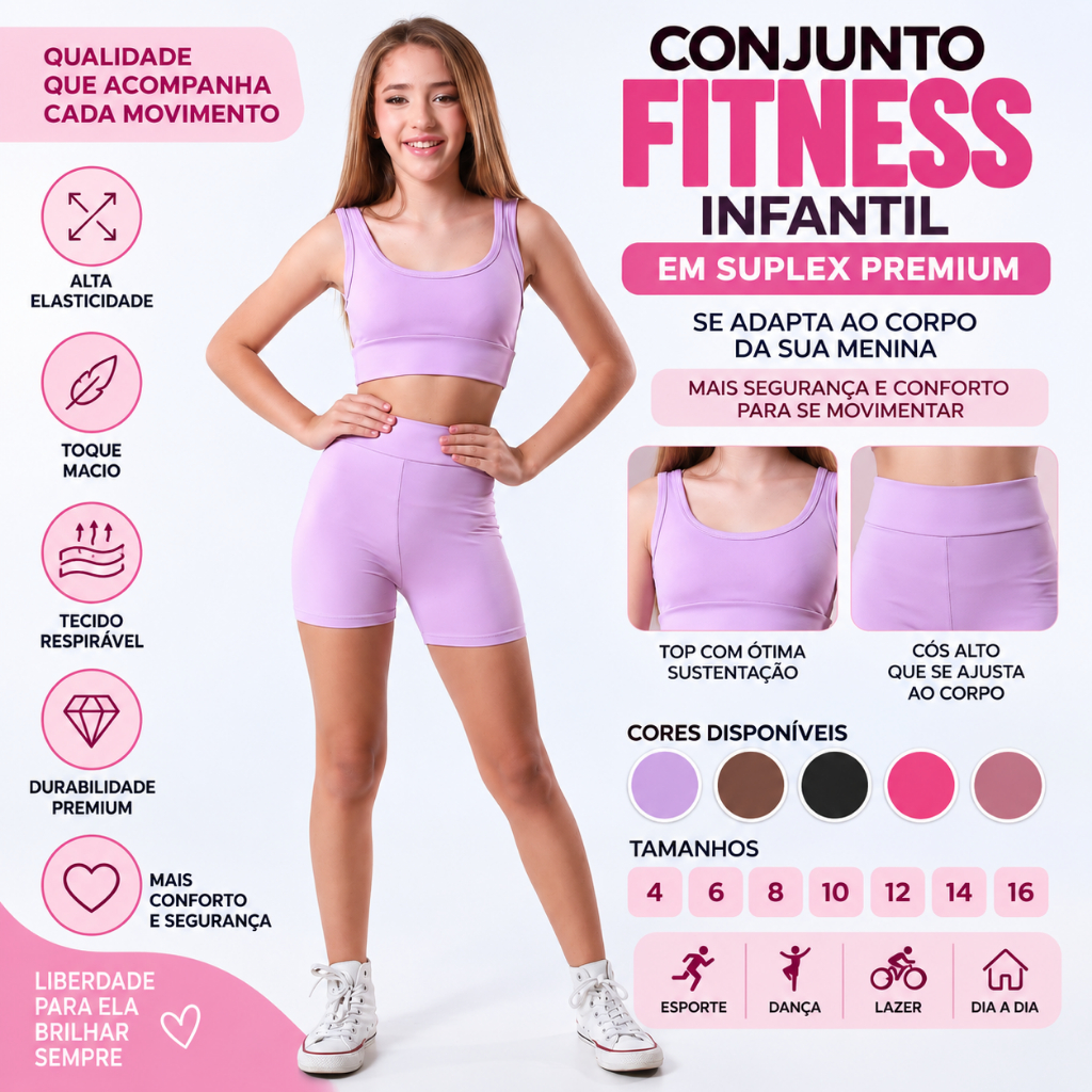 Conjunto Infantil Suplex Premium Fitness Menina Top e Shorts Cós Alto Esportivo Ginástica Dança