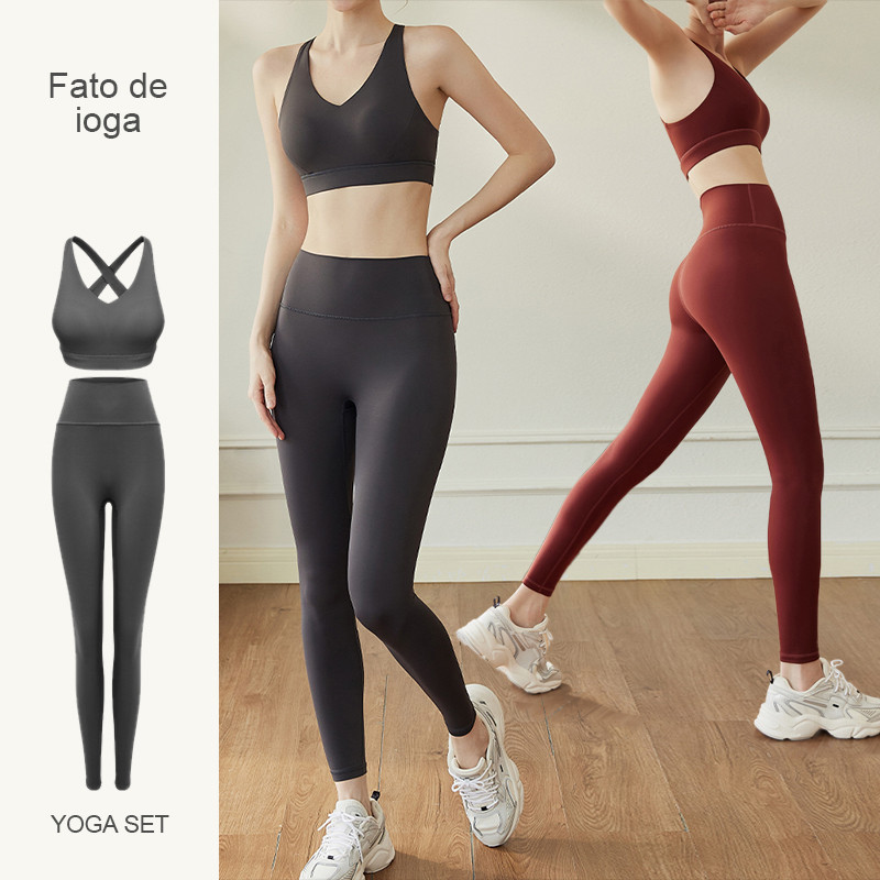 Conjunto Fitness Feminino com Top Cruzado e Calça Cintura Alta Roupas de Yoga Esportivas para Treinamento