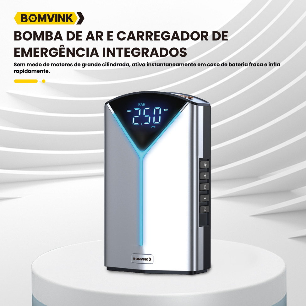 Auxiliar de Partida Veicular Bomvink BOM-8909 Compressor 150 PSI, Power Bank e Lanterna
