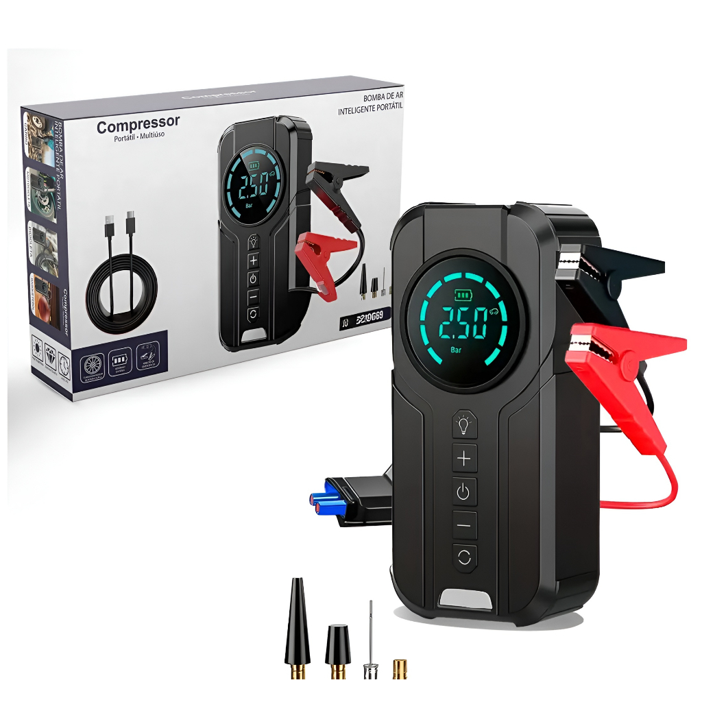 Calibrador Digital Compressor De Ar 150 PSI Bivolt Painel LED PowerBank Auxiliar De Partida 120W
