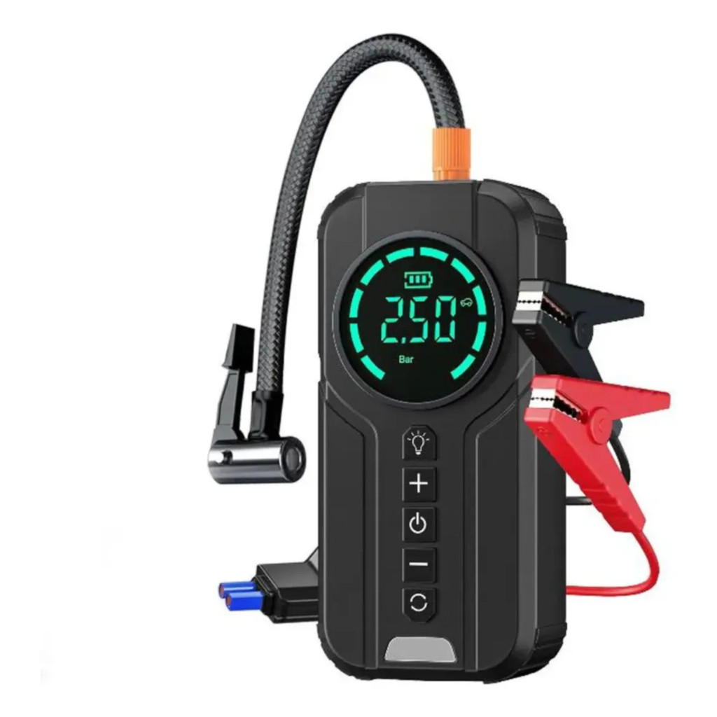 Auxiliar Partida Carro Moto + Compressor Ar Portátil Tomate 150PSI PowerBank