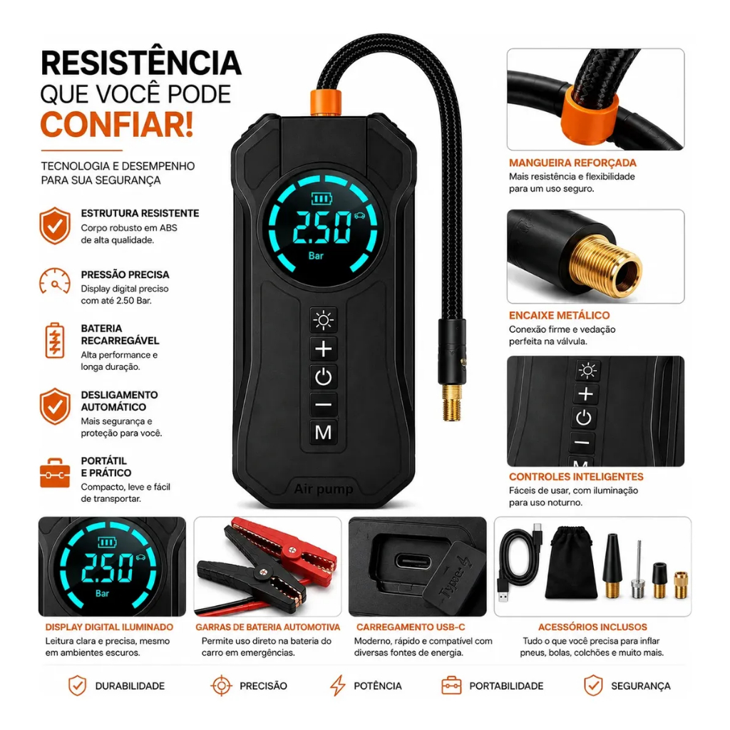 Compressor de Ar Portátil 150 PSI 10000mAh Power Bank Inflador de Pneus com Lanterna LED para Carro, Moto e Bicicleta