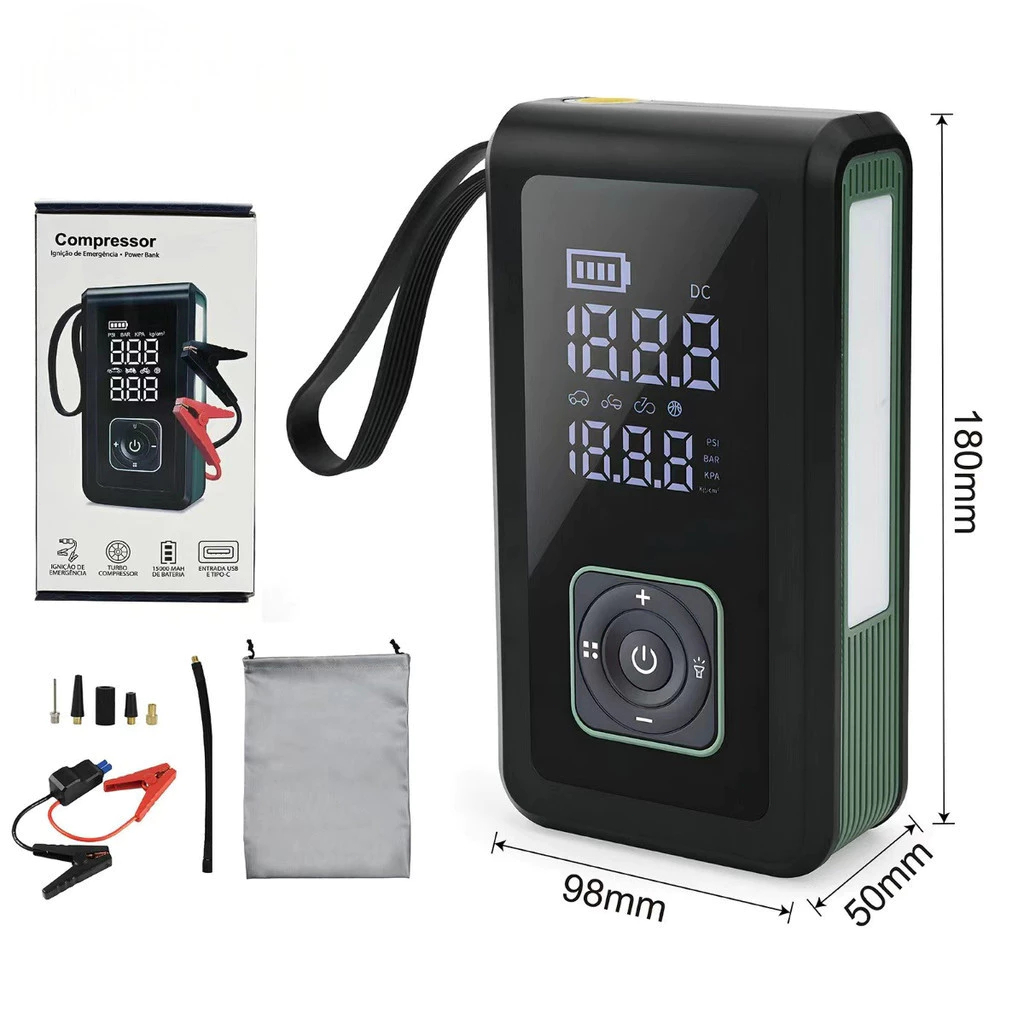 Mini Compressor 150 PSI com Jump Starter 1000A + Power Bank 15000mAh (USB-C) anjgg