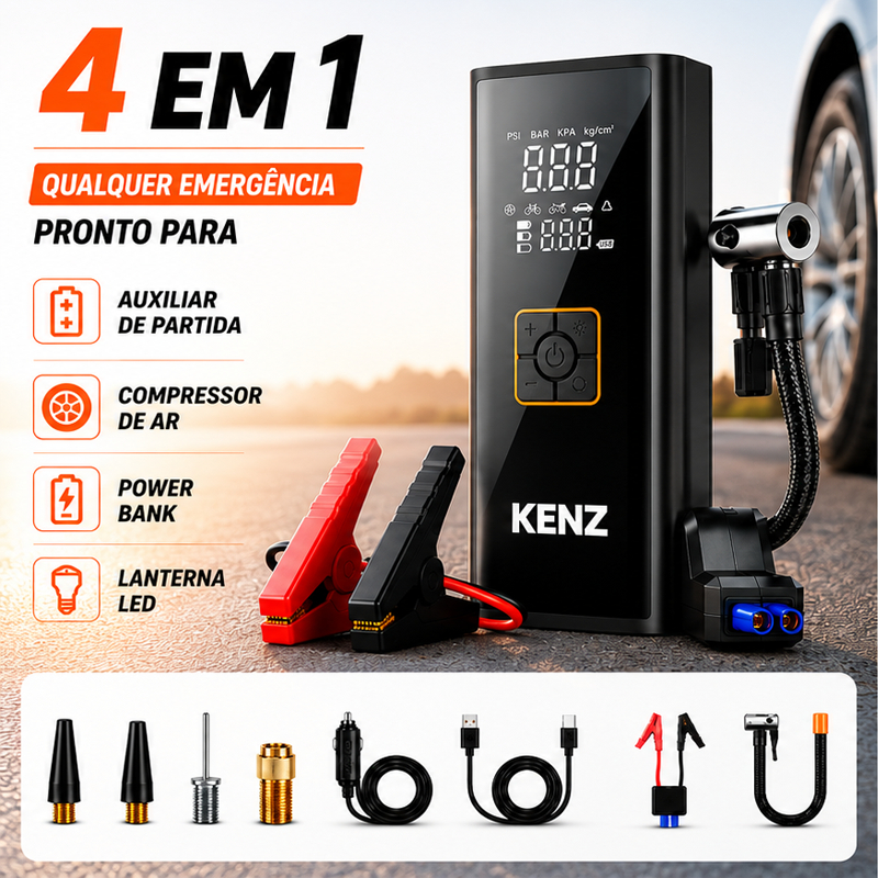 Bomba de Ar Portátil 4 em 1 para Carro Moto Auxiliar de Partida Compressor de Ar Power Bank Lanterna LED 10000mah 150PSI
