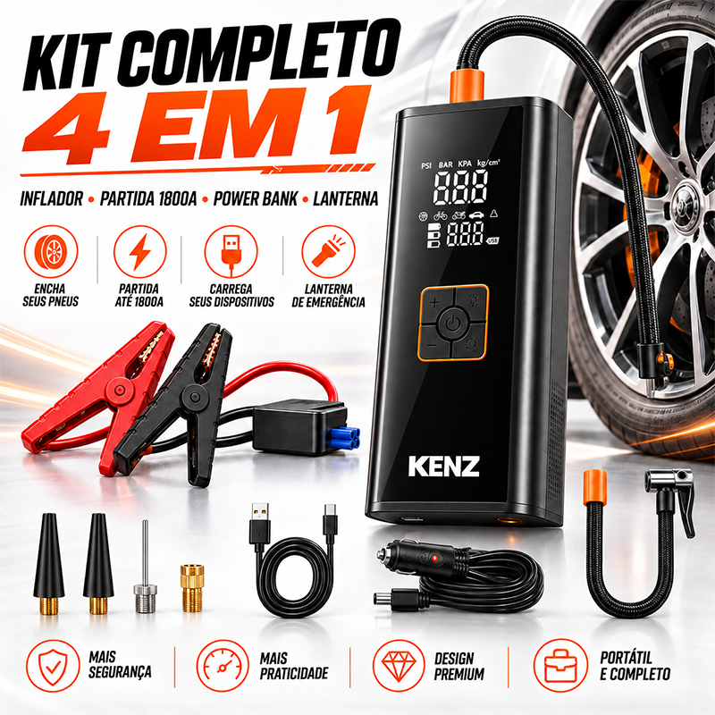 Auxiliar de Partida com Compressor de Ar Portátil 4 em 1 Inflador Digital Power Bank Lanterna LED  10000mah 150PSI