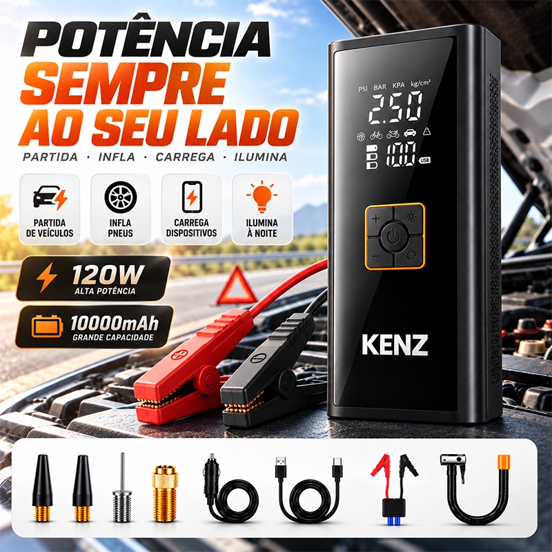 Auxiliar de Partida Automotivo 10000mAh Compressor de Ar 150PSI Power Bank 4 em 1 com Lanterna LED