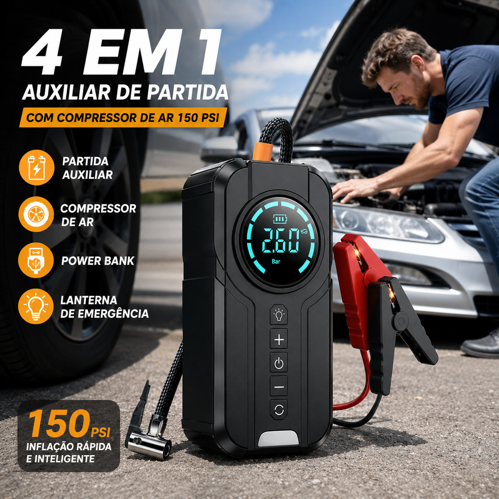 Auxiliar de Partida 4 em 1 150PSI Compressor de Ar Power Bank Lanterna Carro
