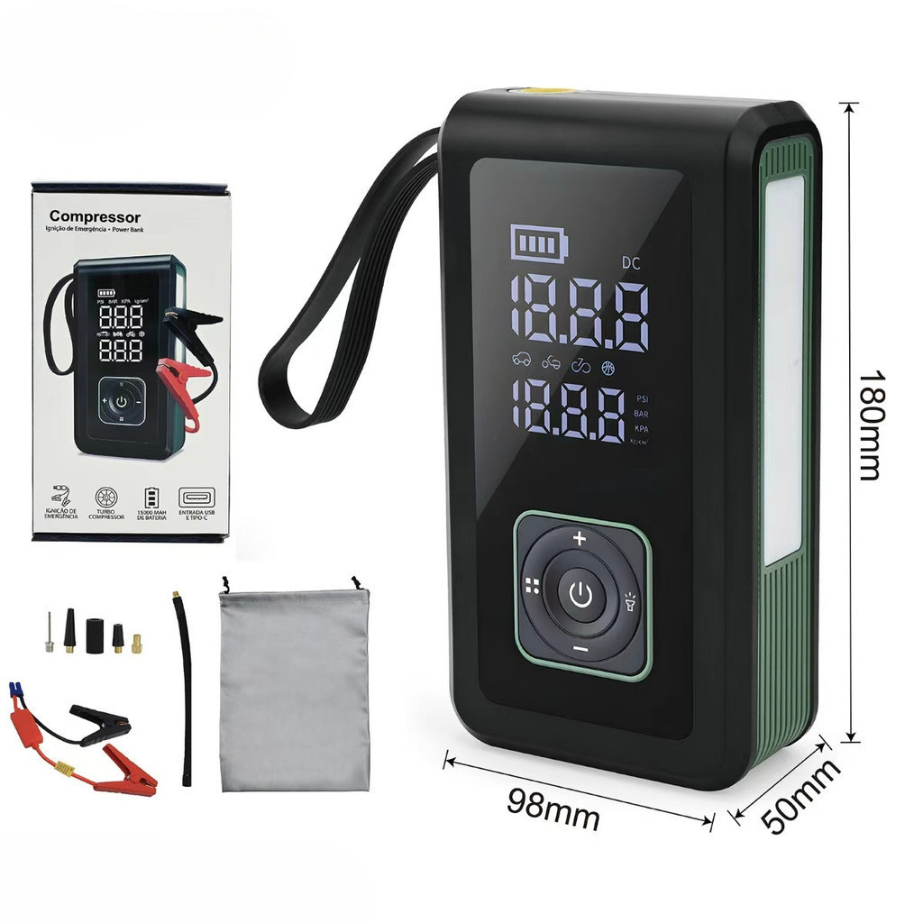 Mini Compressor 150 PSI com Jump Starter 1000A + Power Bank 15000mAh (USB-C)  anjgg