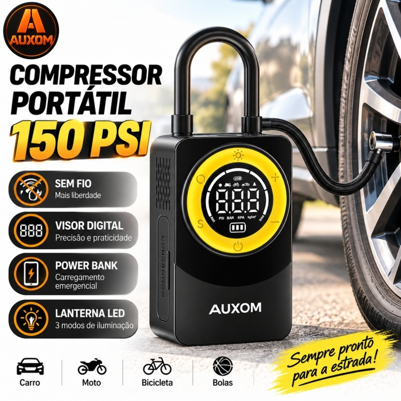 Inflador de Pneus AUXOM 150PSI Sem Fio Digital Power Bank LED para Carro Moto Bicicleta T2199