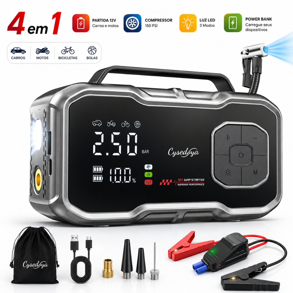 Auxiliar de Partida 12V Automotivo 9000A com Compressor de Ar 150PSI Power Bank LED Portátil para Carro Moto Emergência