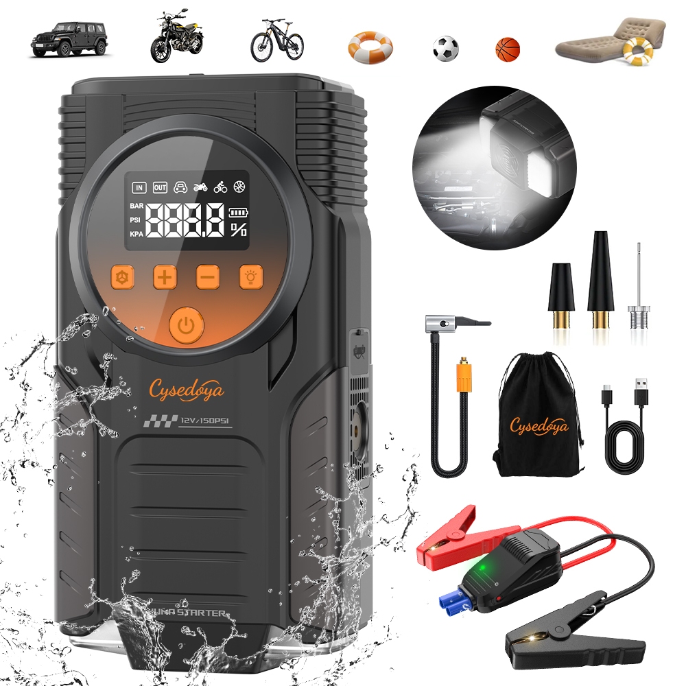 Auxiliar Partida Veicular e Compressor Ar Portatil 26800mAh 150PSI 12V Power Bank Lanterna LED para Carro Moto Bicicleta