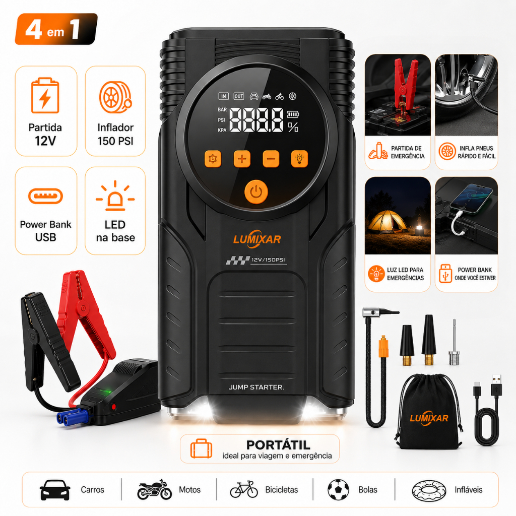 Auxiliador de Partida 3000A,Compressor de Ar Portátil 150PSI,Power Bank 26800mAh,Lanterna LED com Função SOS