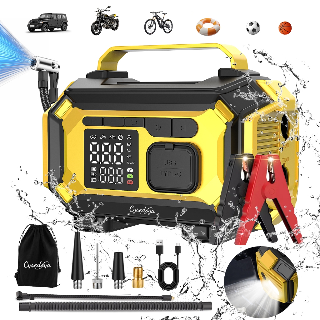 Auxiliar de Partida Portátil 3000A 150PSI Compressor de Ar Power Bank 26800mAh Lanterna LED Tela Digital