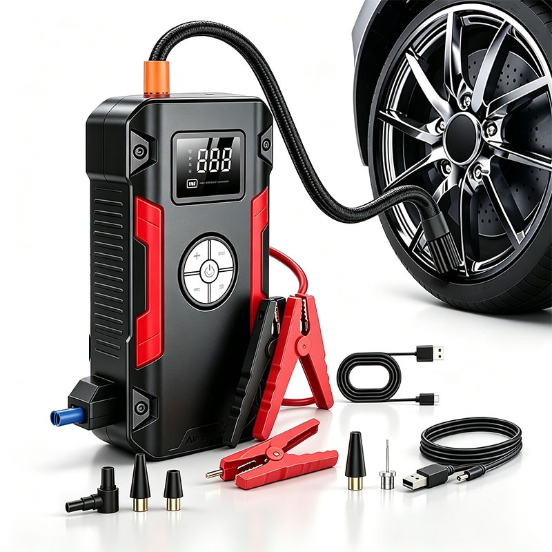 Kit Auxiliar Partida 4 em 1 30000mAh 150PSI Compressor Ar Power Bank Lanterna Carregador 12V Portatil Veicular