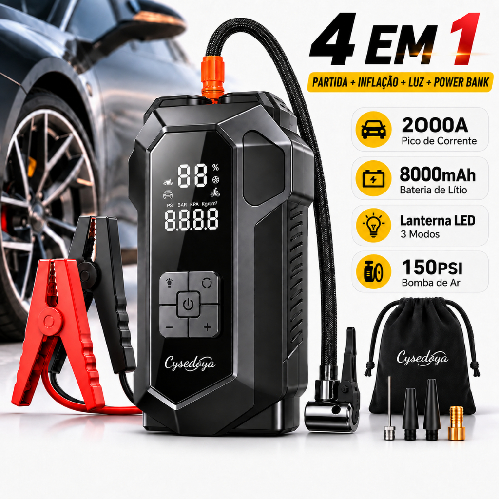 Arrancador de Bateria 12V com Compressor de Ar 150PSI Lanterna LED Power Bank Portátil Emergência Carro Moto