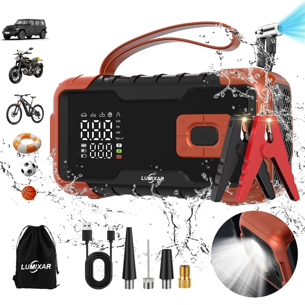 Kit Auxiliar Partida 4 em 1 26800mAh 150PSI Compressor Ar Power Bank Lanterna Carregador 12V Portatil Veicular