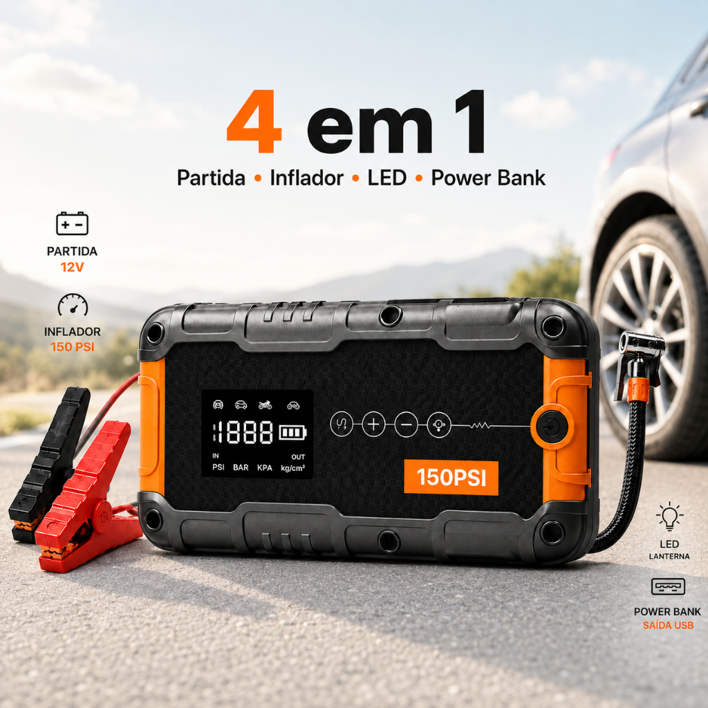 Auxiliar Partida Chupeta Carro 12V + Compressor Ar Pneu 150PSI Power Bank 4em1