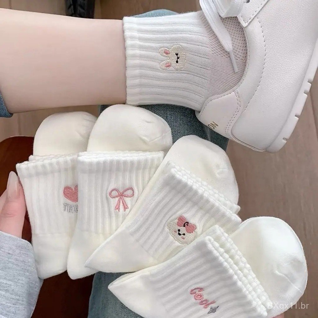 SS SHOP 5 pairs White short socks new breathable cartoon embroidery casual sports student mid-tube socks