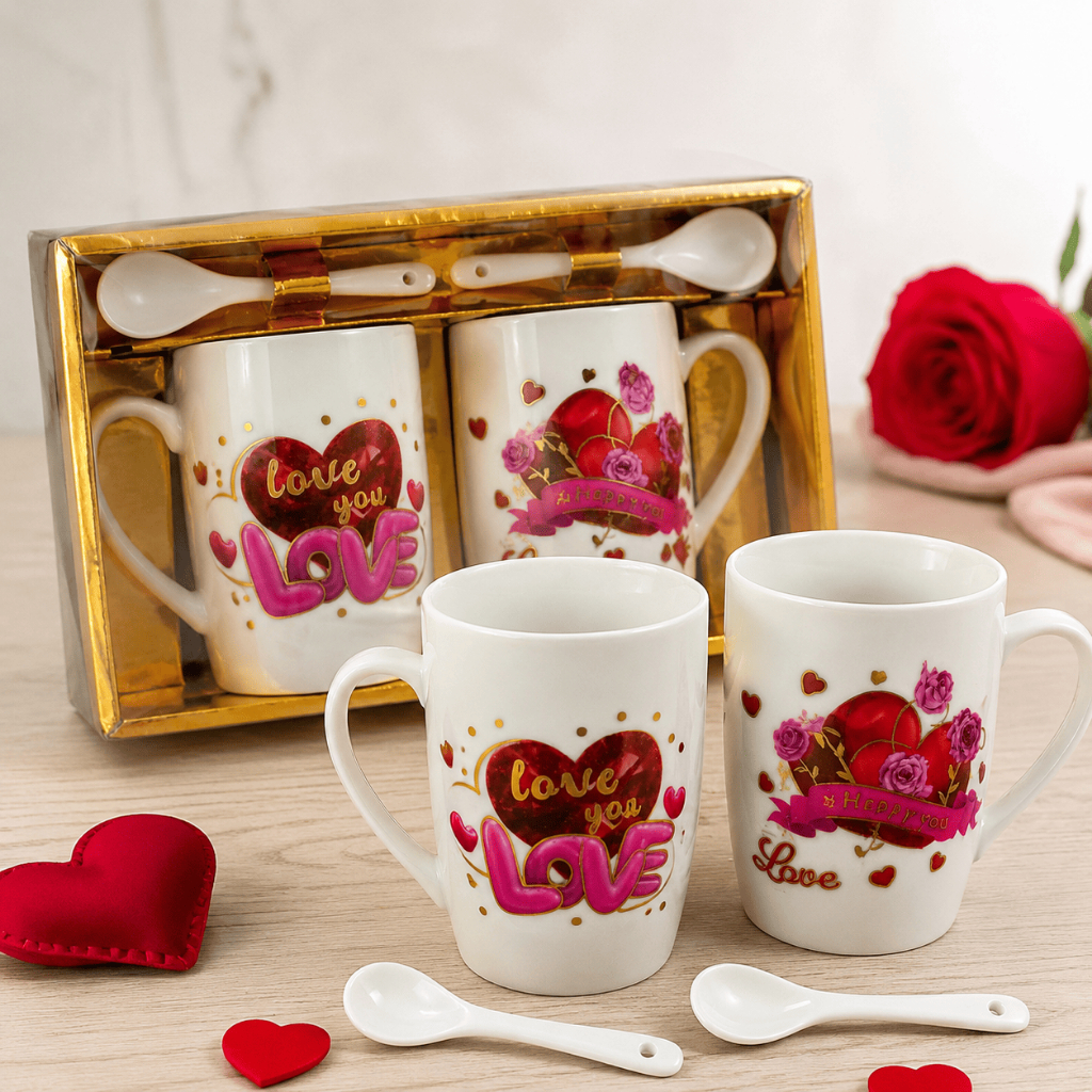 Kit 2 Canecas de Cerâmica 240ml com 2 Colheres – Presente Romântico Love Happy You