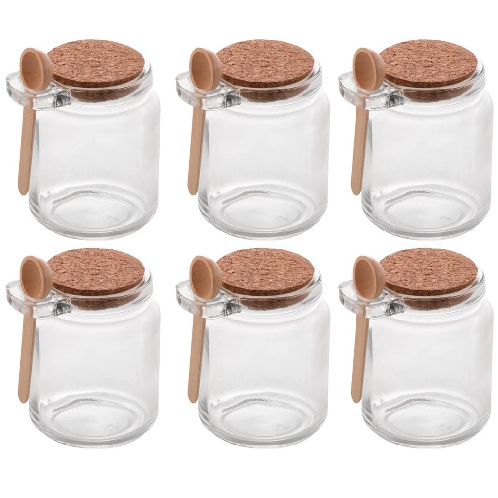 Kit de Pote de Vidro com Tampa de Rolha Colher Bambu 6 unidades Porta Temperos 240ml Lyor