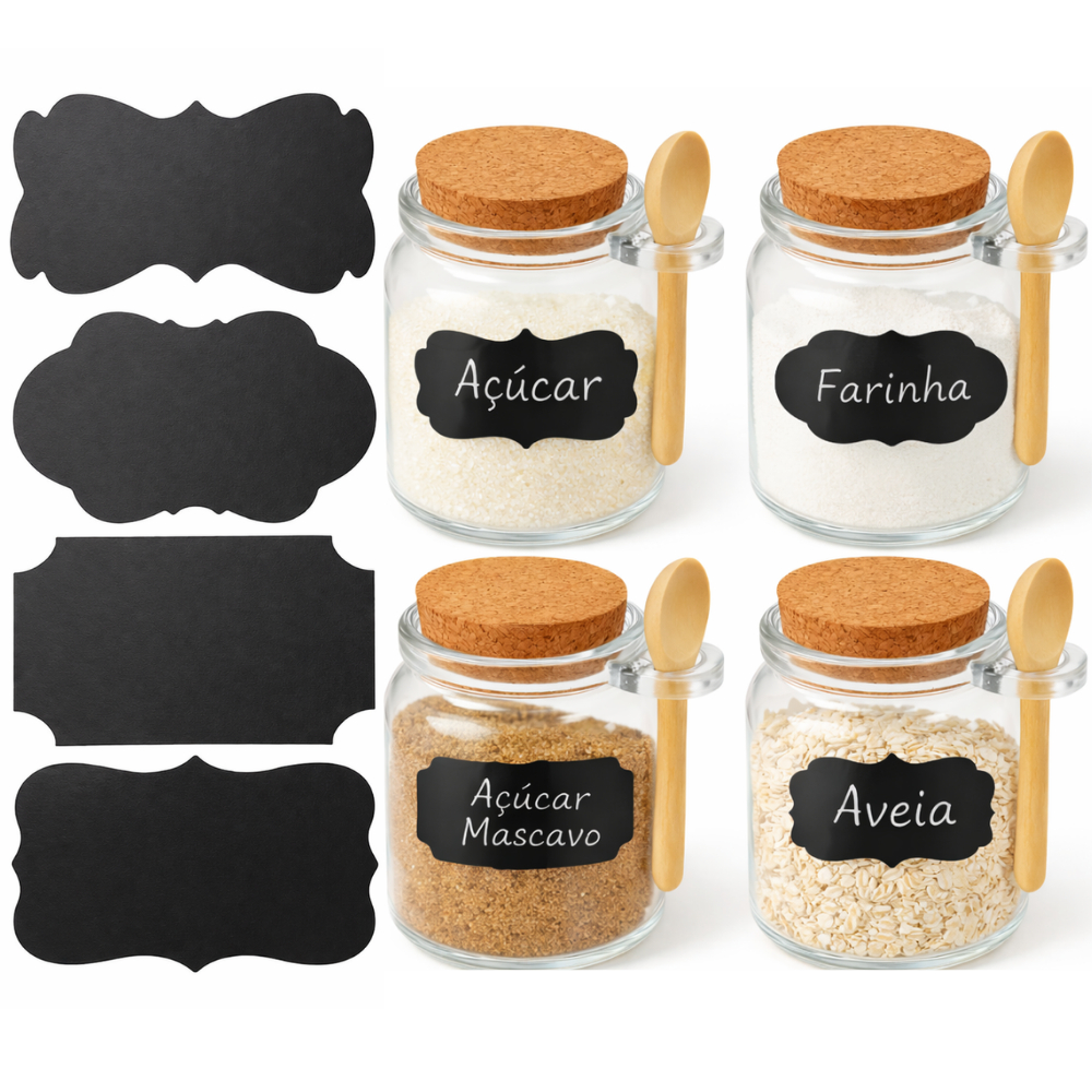 Kit 4 Potes de Vidro Premium 240ml C/ Tampa E Colher de Bambu + Etiquetas Autoadesivas P/ Geleia Açúcar Saleiro