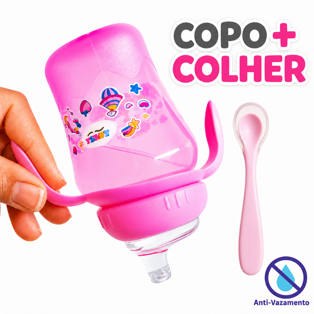Copo Infantil Antivazamento 240ml Com Alça e Colher Silicone Bebê