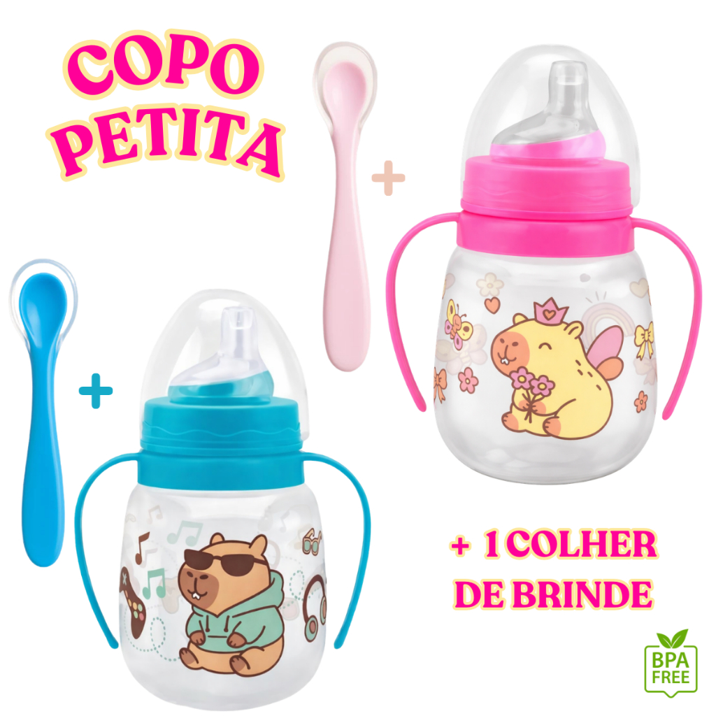 Kit Copo Petita 240ml + Colher de Silicone Para Bebê