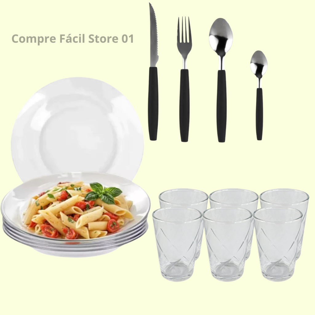 Kit Jogo De Prato Fundo e 6 Copos de Vidro Londres 240ml Transparente + 25 Talheres