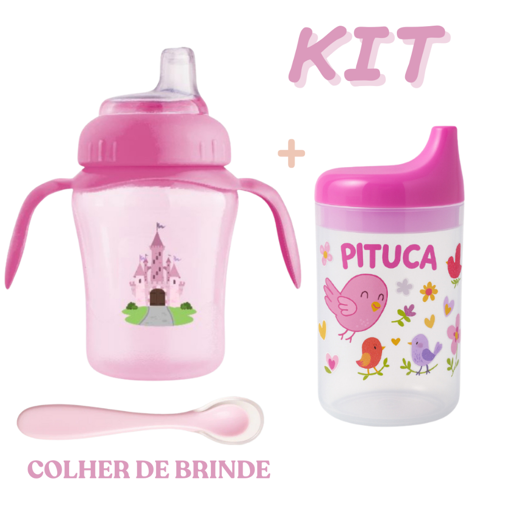 Kit 2 Copos Educativos Para bebês 240ml - 150ml + Colher Silicone