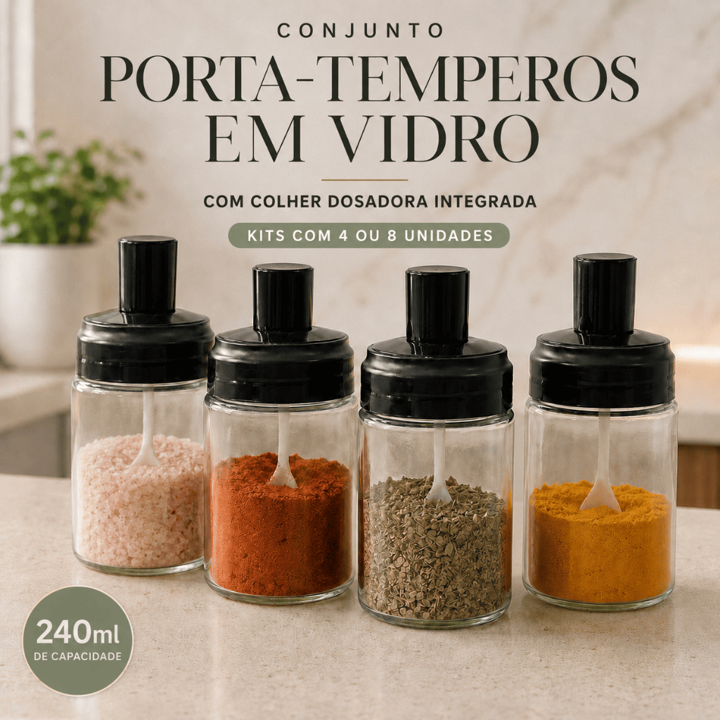 Porta Temperos com Colher - Kit 4 ou 8 Potes de Vidro 240ml com Colher Dosadora Integrada para Condimentos