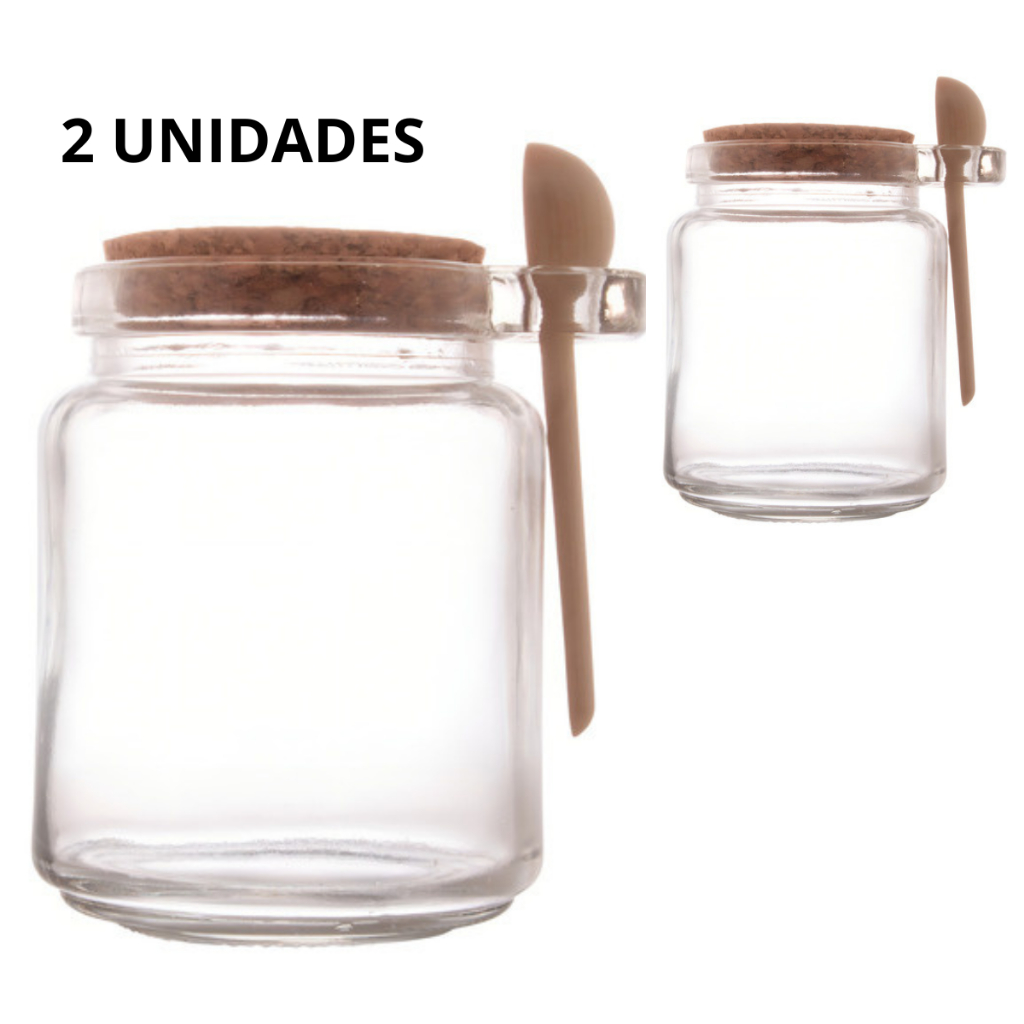 kit 2 Porta Condimentos De Vidro Colher Bambu E Tampa Rolha 240ml