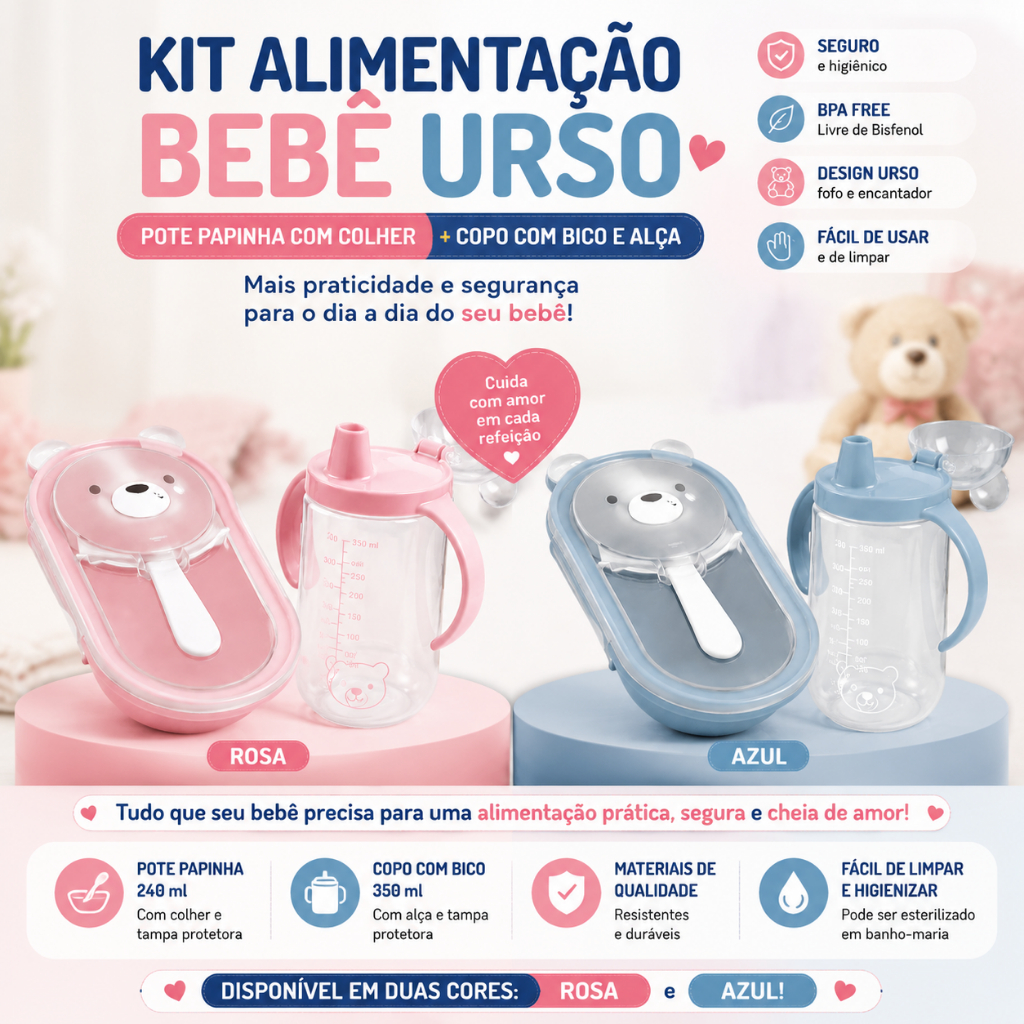 Kit Alimentação Bebê Urso com Pote Papinha 240ml e Copo 350ml Azul ou Rosa
