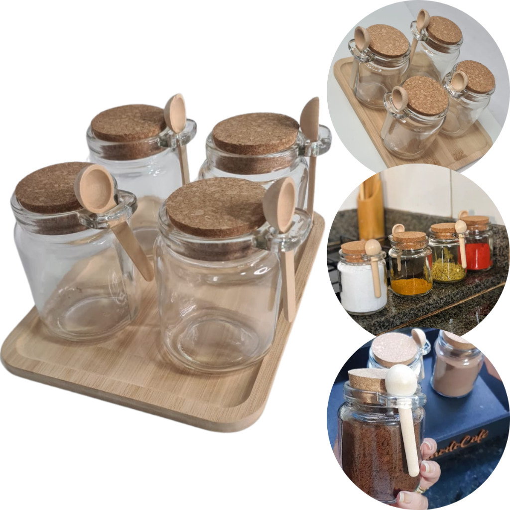 Pote de Vidro 240ml com Colher de Bambu e Tampa + Bandeja de Bambu - Porta Condimento Tempero