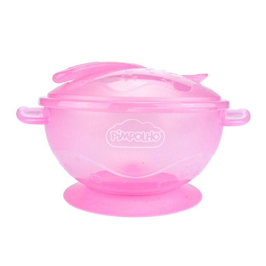 Kit Tigela Prato Colher Refeição Portátil Tigelinha c/ Ventosa Tampa Menina Rosa +6m Livre de BPA Pimpolho Segura Resistente 240ml Presente Enxoval Papinha Alimentação