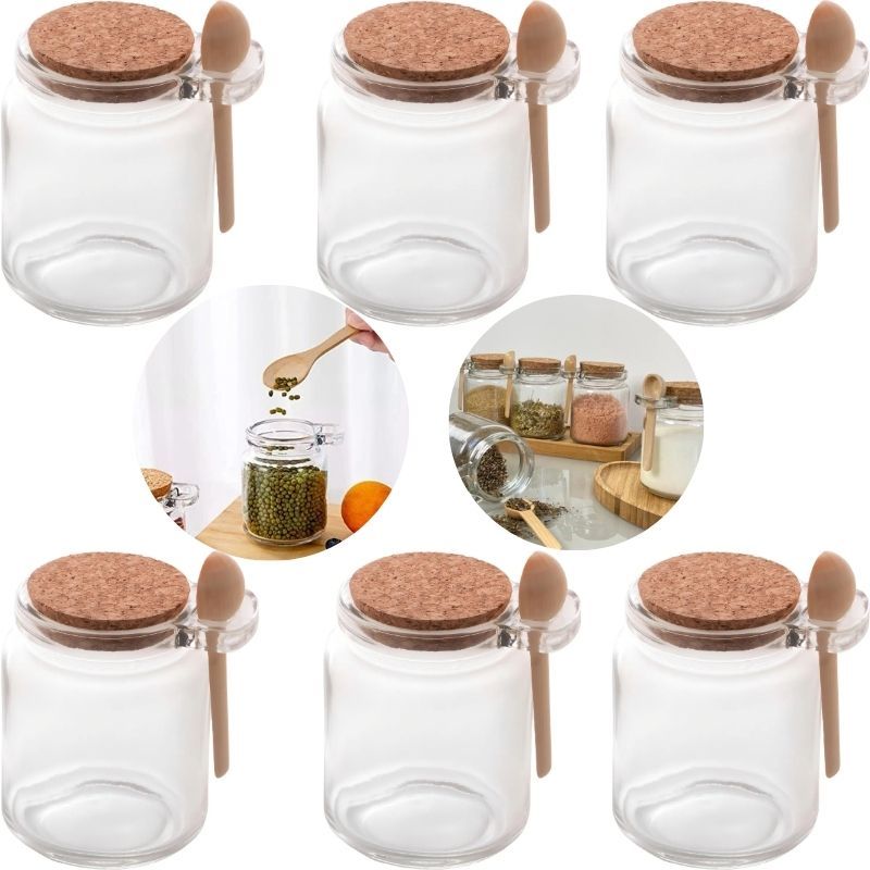 Kit 6 Porta Temperos de Vidro com Colher de Bambu E tampa rolha 240ml Lyor