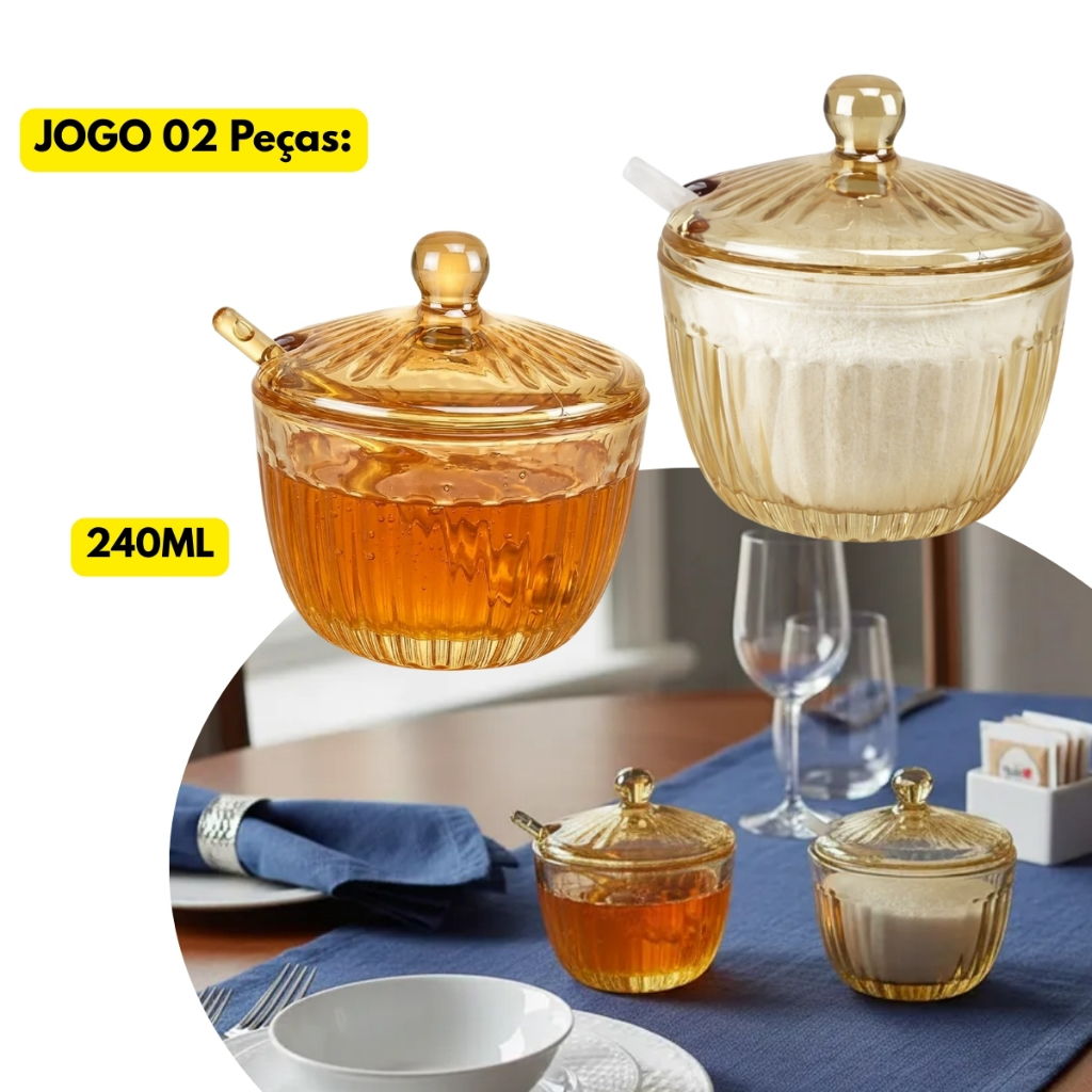 Jogo Kit 02 Peças Meleira Vidro Ambar C/ Dosador + Açucareiro C/ Colher 240ML Servir Padaria Café