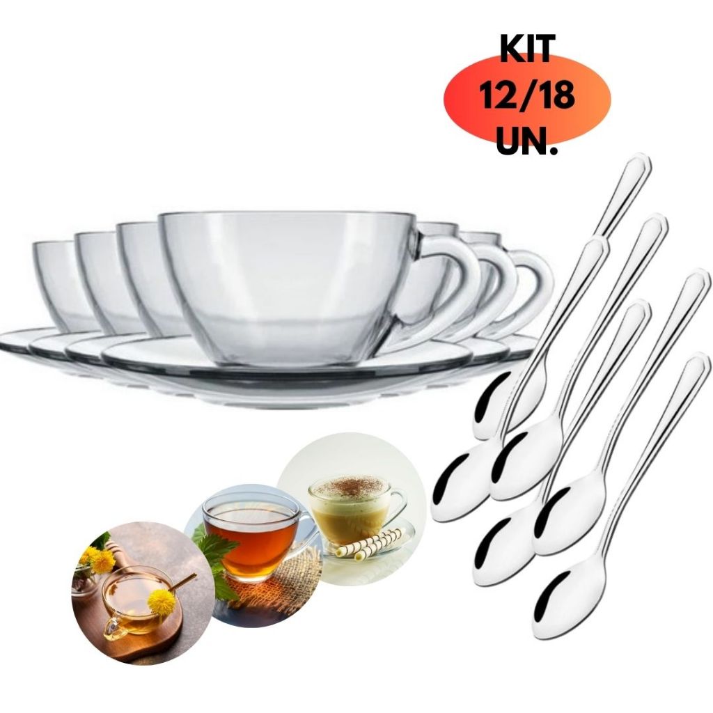 Jogo 12/18 Peças Cha Xicara+Pires Vidro Astral 240ml +Colher Inox Continental Original Cafe Sobremesa Kit Caneca Mesa Posta Buffet Cafeteria