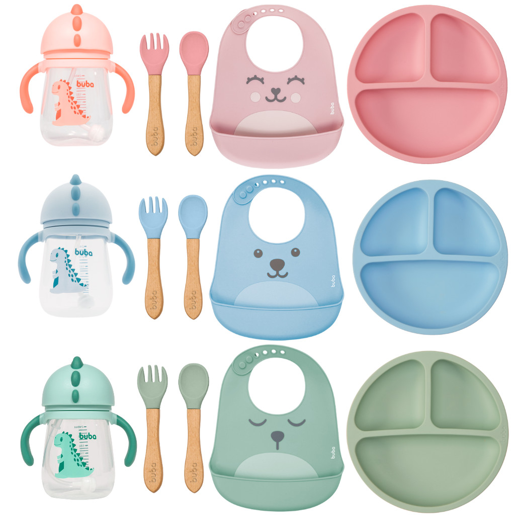 Kit Introdução Alimentar Silicone Buba 5 Peças Prato Ventosa Kit Talher Babador Copo Dino 240ml