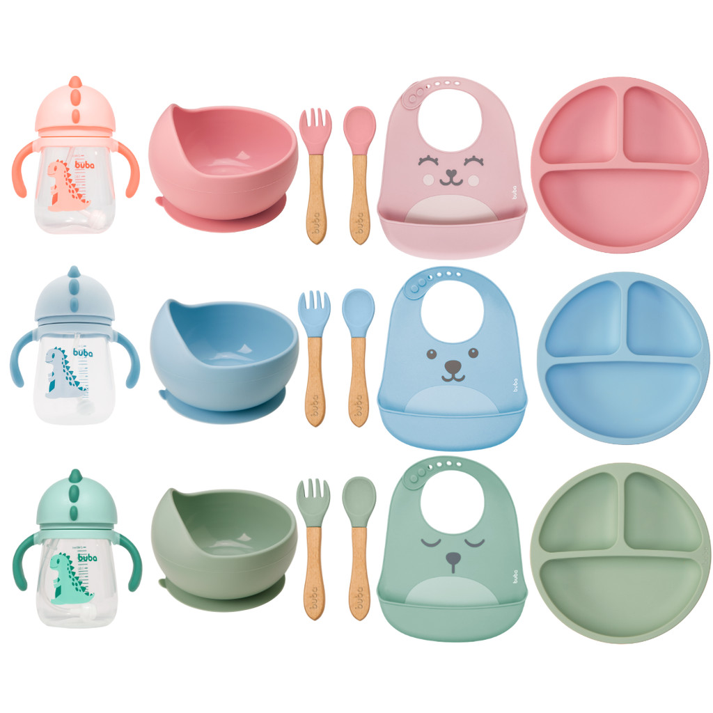 Kit Introdução Alimentar Buba 6 Peças Prato e Bowl Ventosa + Kit Talher + Babador + Copo Dino 240ml