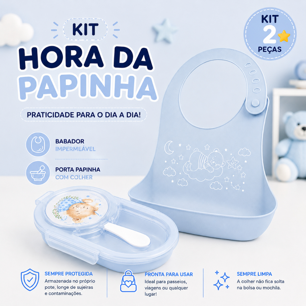 Kit Babador Impermeável Ajustável + Porta Papinha 240ml com Colher Bebê
