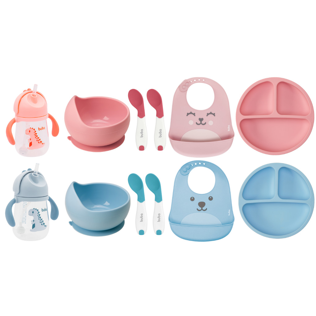 Kit Introdução Alimentar Buba Prato e Bowl + Kit Talher Termossensível + Babador + Copo Dino 240ml