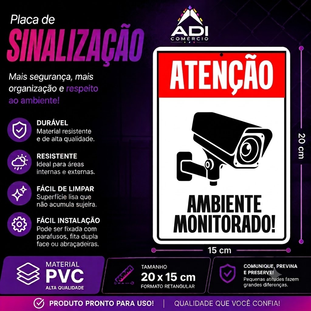 PLACA SINALIZAÇÃO 20X15 AMBIENTE MONITORADO POR CÂMERAS