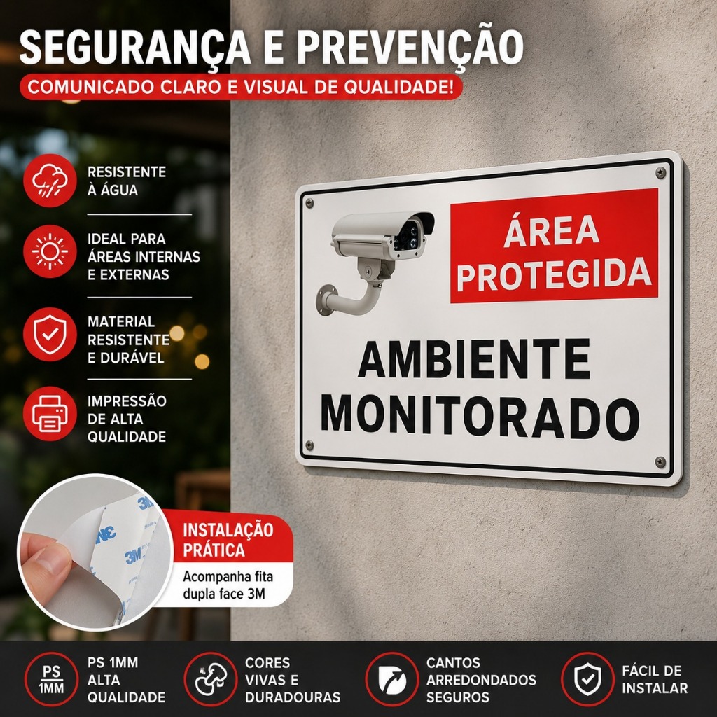 Placa Área Protegida Ambiente Monitorado Câmera Segurança PS 1mm 20x15cm