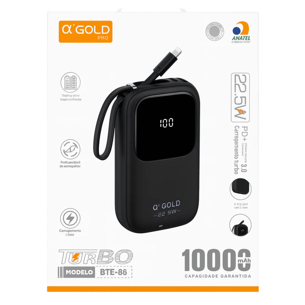 Power Bank Q’Gold Pro 10000mAh 22.5W PD Turbo com Cabo Embutido Display Digital