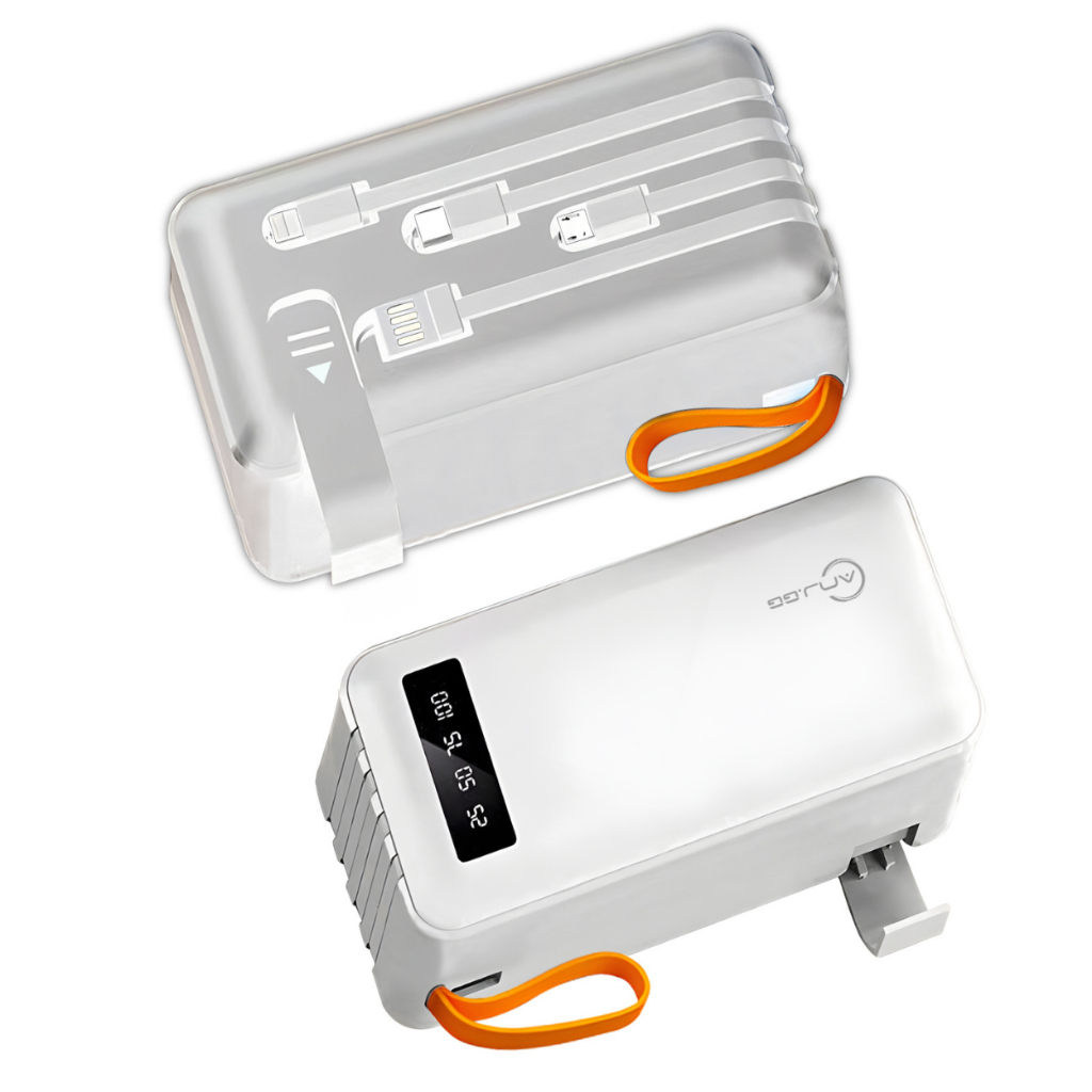 Power Bank 50.000mAh com 4 Cabos Embutidos, Display LED e Alça de Transporte Branco