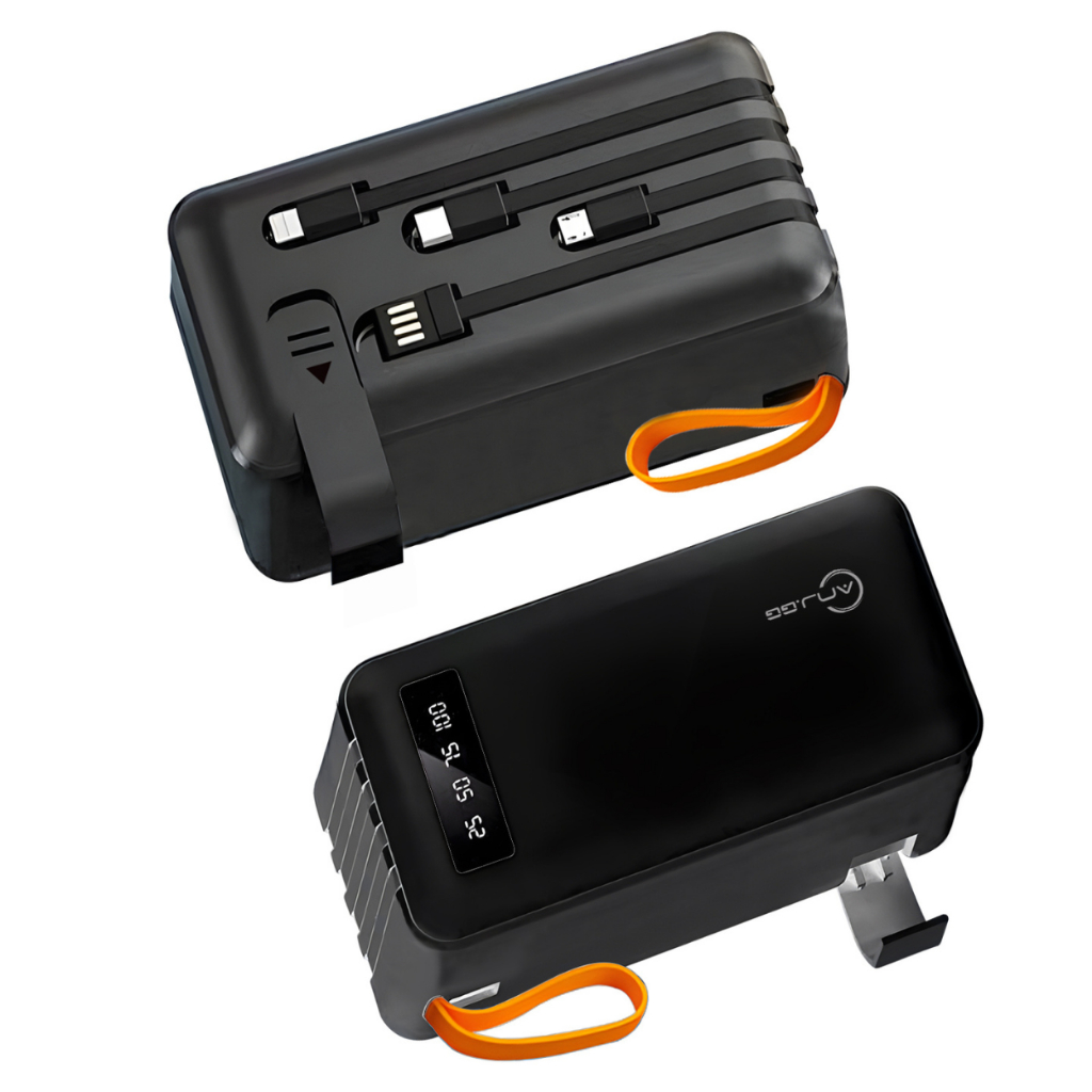 Power Bank 50.000mAh com 4 Cabos Embutidos, Display LED e Alça de Transporte Preto
