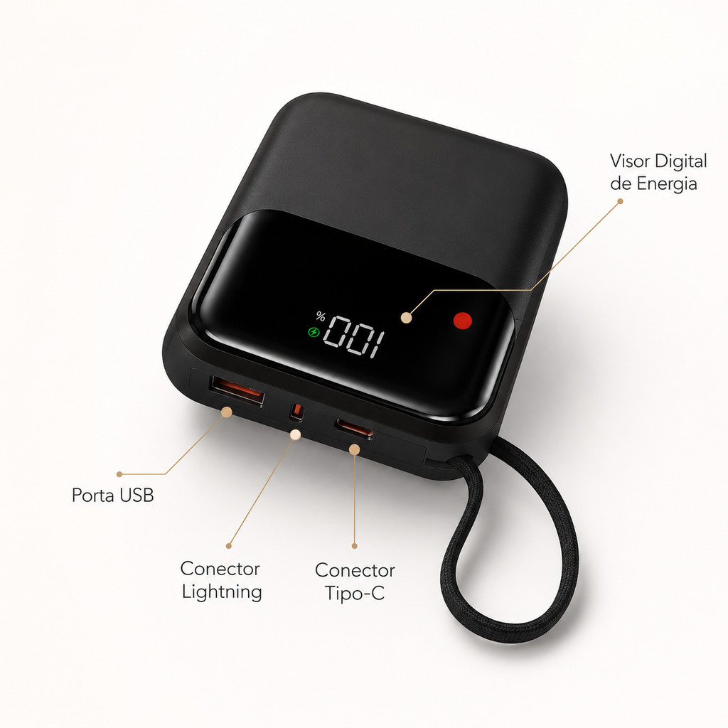 Power Bank 10.000mAh com Display Digital, 22.5W de Potência e 2 Cabos Embutidos Roxo