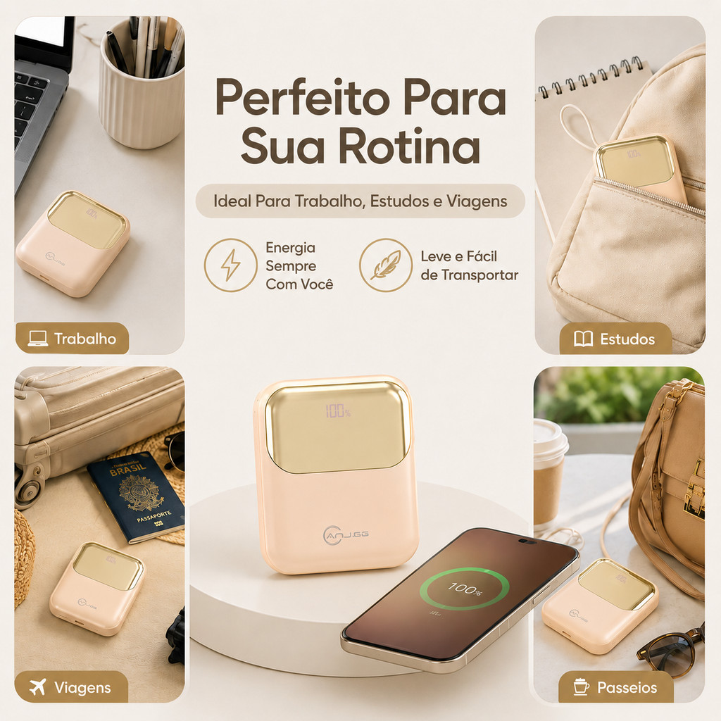 Power Bank 10.000mAh com Display Digital, 22.5W de Potência e 2 Cabos Embutidos Preto